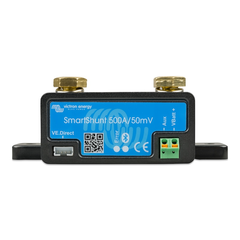 Front view of Victron SmartShunt 500A Bluetooth battery monitor with VE.Direct port and auxiliary connection