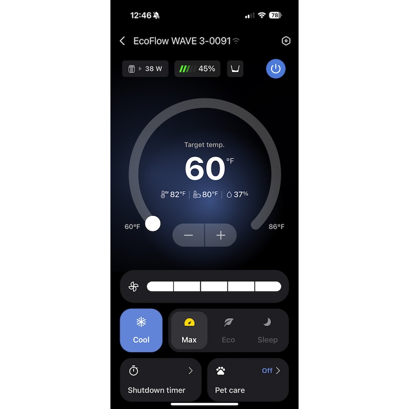 EcoFlow WAVE 3 app interface showing smart control, modes and system status