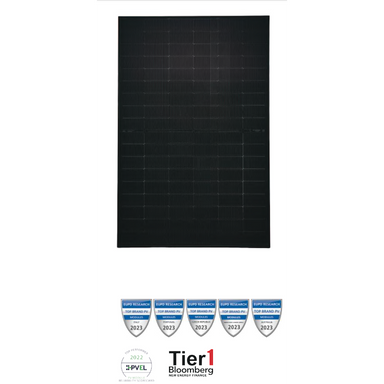 Solar panel with Tier 1 Bloomberg certification logos on a white background