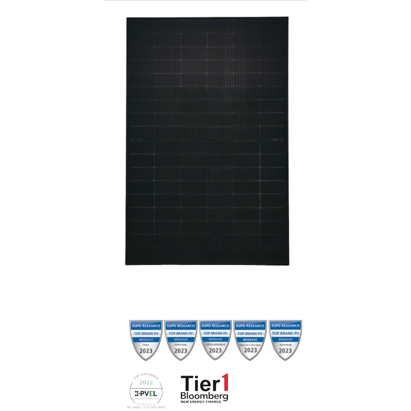 Solar panel with Tier 1 Bloomberg certification logos on a white background