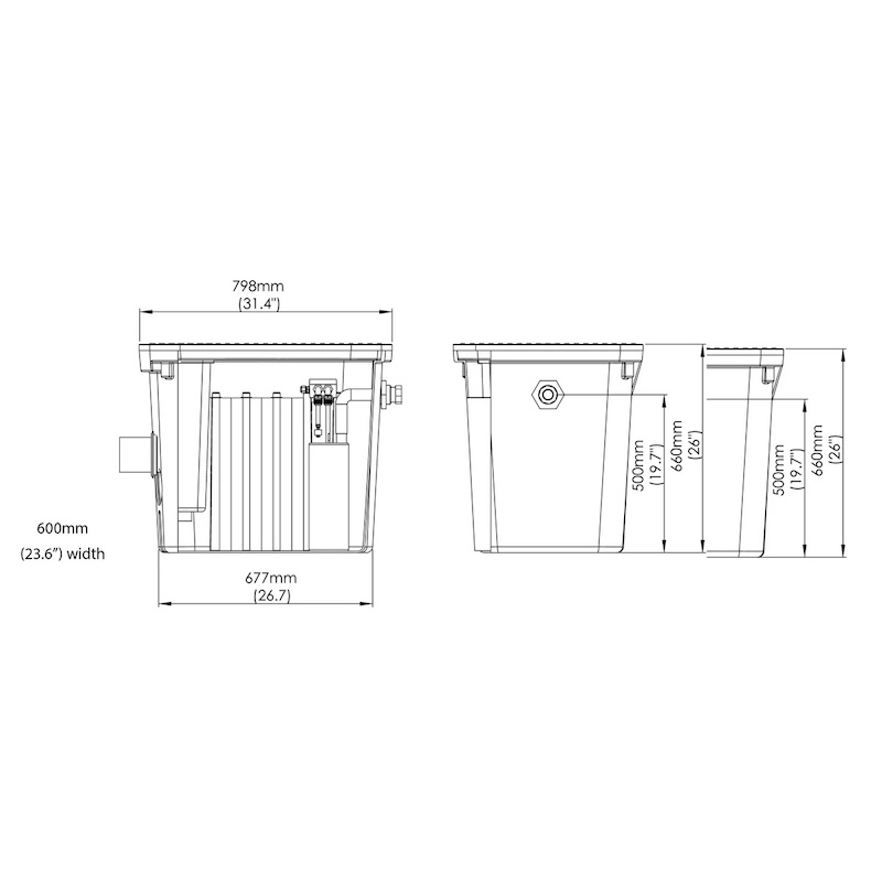 WaterMate Large Greywater Recycling Unit technical dimensions and side profile drawing