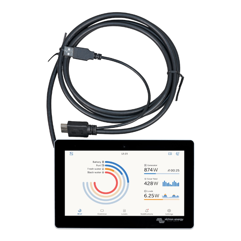 Victron GX Touch 50 Flush Mount touchscreen display with connection cable and system monitoring interface for Cerbo GX systems