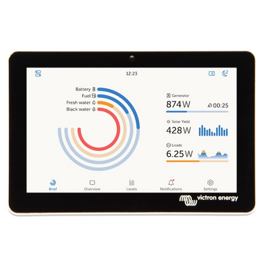 Victron GX Touch 50 touchscreen displaying battery monitoring, solar production, generator status and system performance data