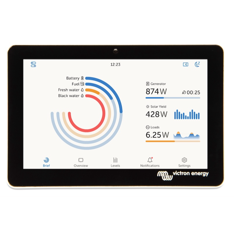 Victron GX Touch 50 touchscreen displaying battery monitoring, solar production, generator status and system performance data
