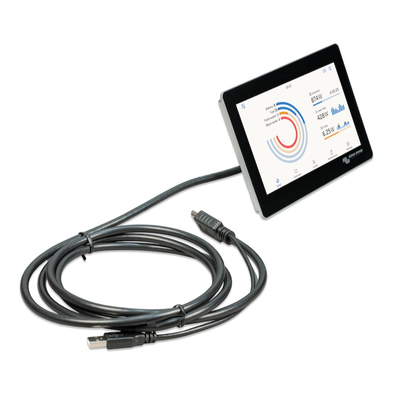 Angled view of Victron GX Touch 70 flush mount touchscreen display connected to Cerbo GX monitoring system