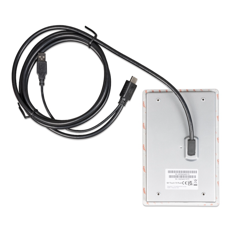 Rear view of Victron GX Touch 70 flush mount display with integrated connection cable and mounting plate
