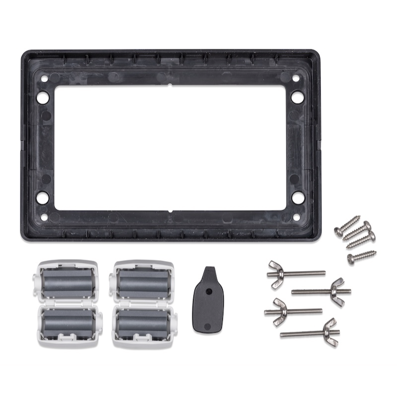 Victron GX Touch 70 wall mount installation kit including mounting frame, ferrite cores, fixings and installation hardware