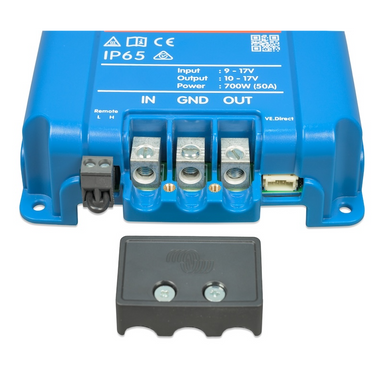 Victron Orion XS 12V to 12V 50A DC-DC battery charger showing heavy-duty input, ground and output terminals with protective cover removed.