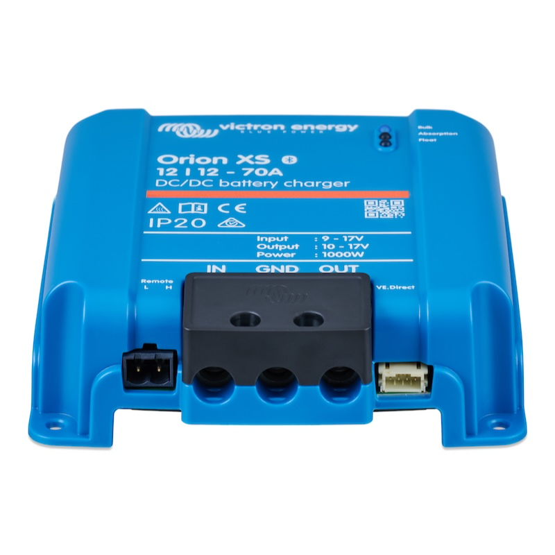 Front view of the Victron Orion XS 12V to 12V 70A DC-DC battery charger featuring 1000W charging capacity for larger lithium battery systems.