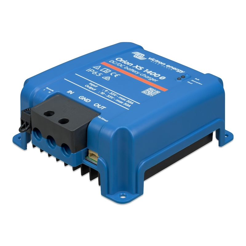 Angled view of the Victron Orion XS 1400W DC-DC battery charger with Bluetooth connectivity and multi-voltage charging capability.