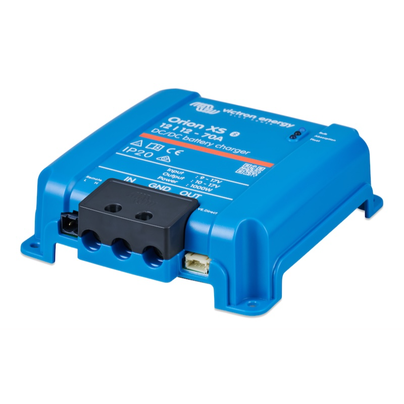 Angled view of the Victron Orion XS 70A DC-DC battery charger showing compact design and connection ports.