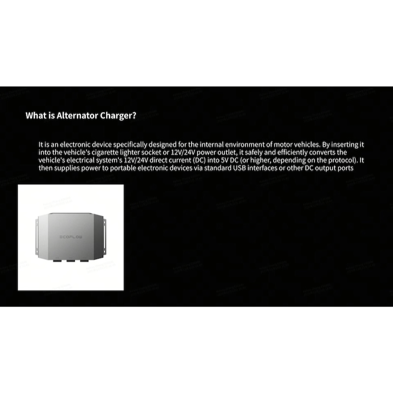 Diagram explaining how an alternator charger converts vehicle power to charge portable power stations