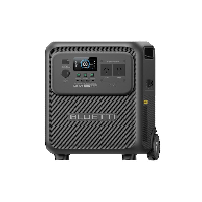 BLUETTI Elite 400 Portable Power Station right front view showing wheels and connections