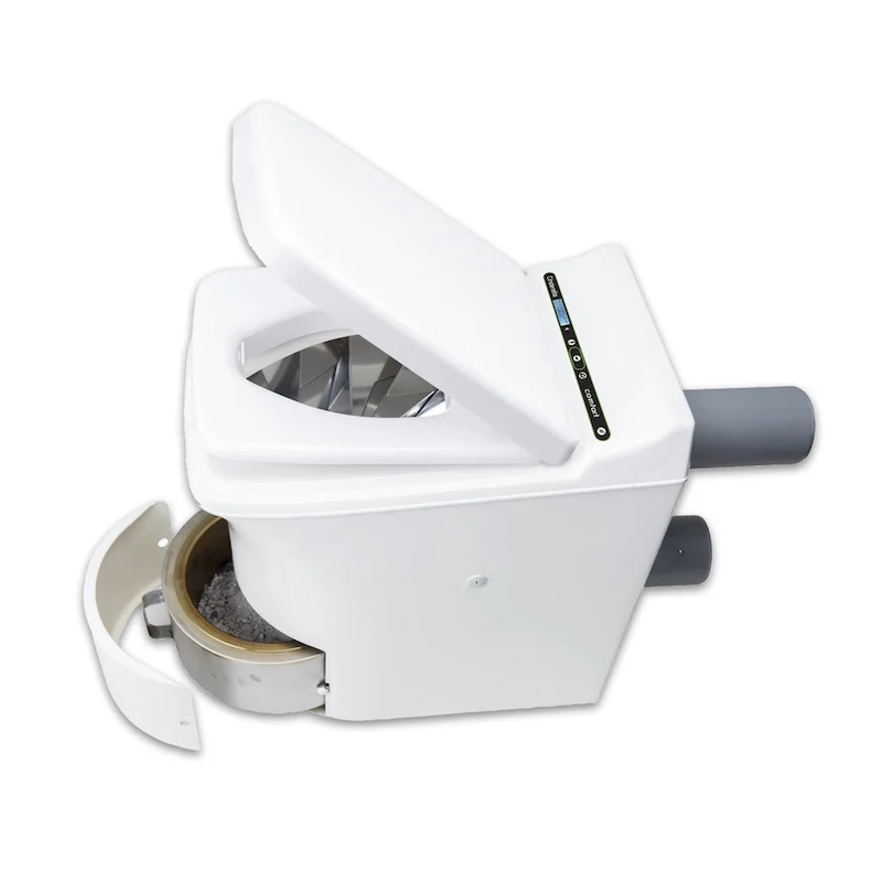 Cinderella Comfort incineration toilet showing ash tray and open lid waterless off grid toilet NZ