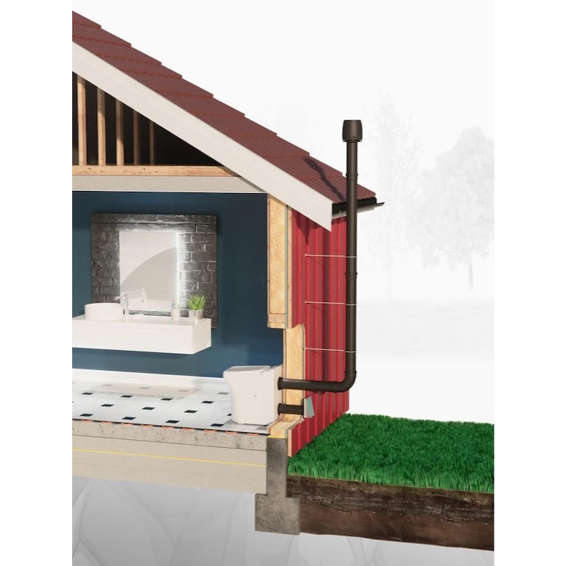 Cinderella Comfort incineration toilet installation diagram showing flue system and off grid setup