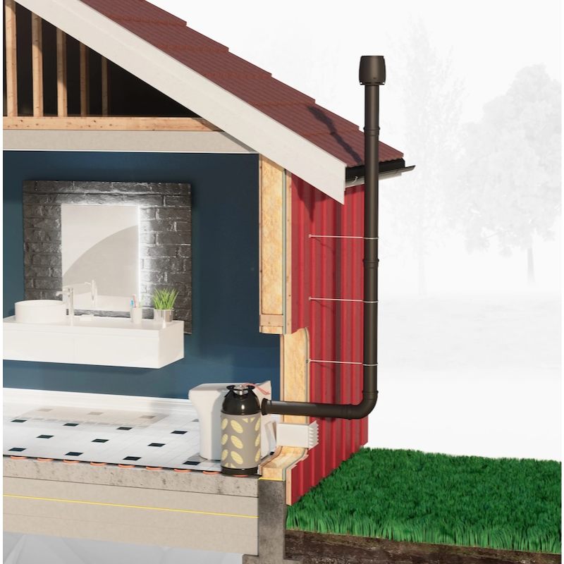 Cinderella Freedom LPG incineration toilet installation showing gas supply and flue ventilation system
