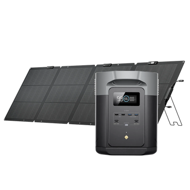 EcoFlow DELTA 2 Max portable power station paired with the 220W bi-facial solar panel for fast off-grid charging.