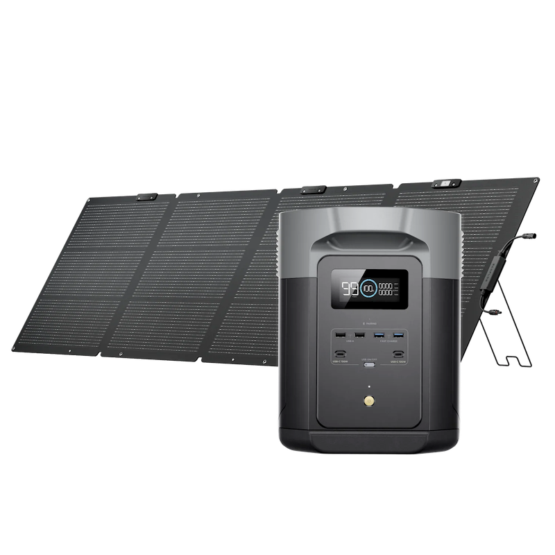 EcoFlow DELTA 2 Max portable power station paired with the 220W bi-facial solar panel for fast off-grid charging.