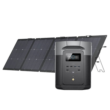 EcoFlow DELTA 2 Max power station paired with 220W bifacial solar panel for off-grid solar charging.