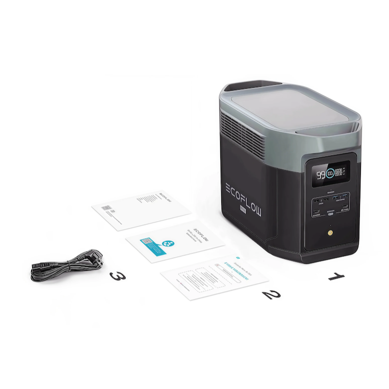 EcoFlow DELTA 2 Max unboxed with power station, AC charging cable, user manuals, and warranty documents.