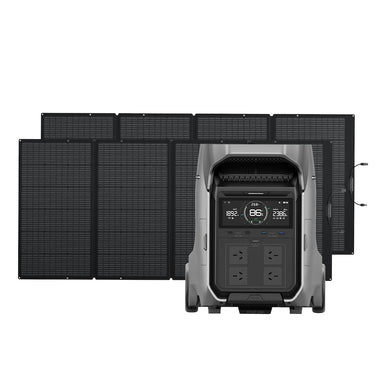 EcoFlow DELTA Pro 3 4096Wh portable power station paired with two 400W solar panels for off-grid and backup power
