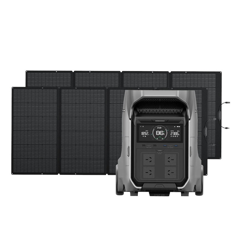 EcoFlow DELTA Pro 3 4096Wh portable power station paired with two 400W solar panels for off-grid and backup power

