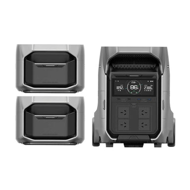 EcoFlow DELTA Pro 3 portable power station with two extra batteries configured for high-capacity off-grid and EV backup power