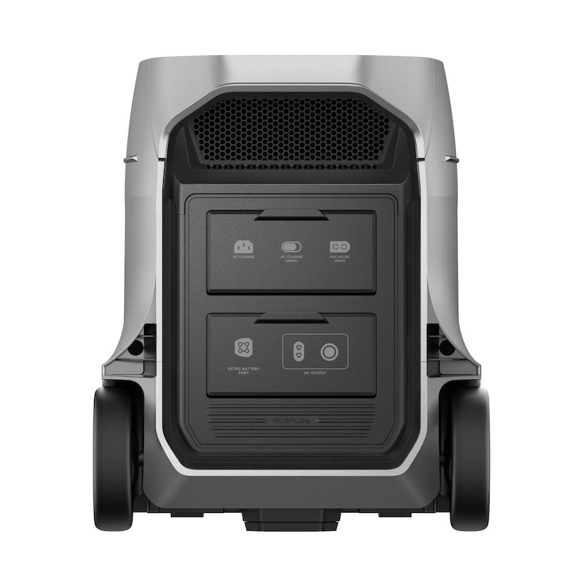 EcoFlow DELTA 3 Ultra Plus rear view with protective port covers closed showing rugged portable off-grid power station design