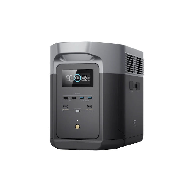 EcoFlow DELTA 2 Max portable power station shown from a right-side angle, highlighting ventilation and front charging ports