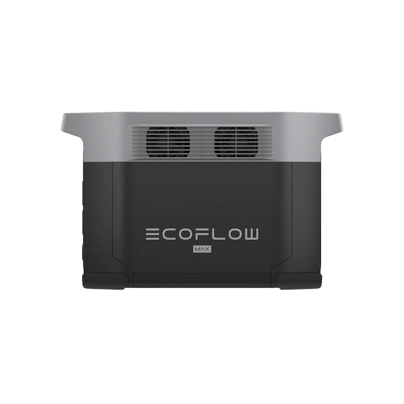 EcoFlow DELTA 2 Max portable power station shown from a right-side angle, highlighting ventilation and front charging ports