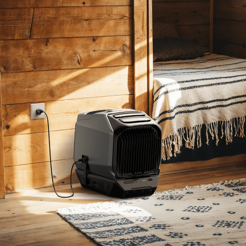 EcoFlow WAVE 3 portable air conditioner inside a cabin or small indoor space