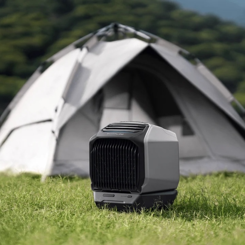 EcoFlow WAVE 2 battery-powered air conditioner used in a tent for off-grid camping and outdoor comfort.
