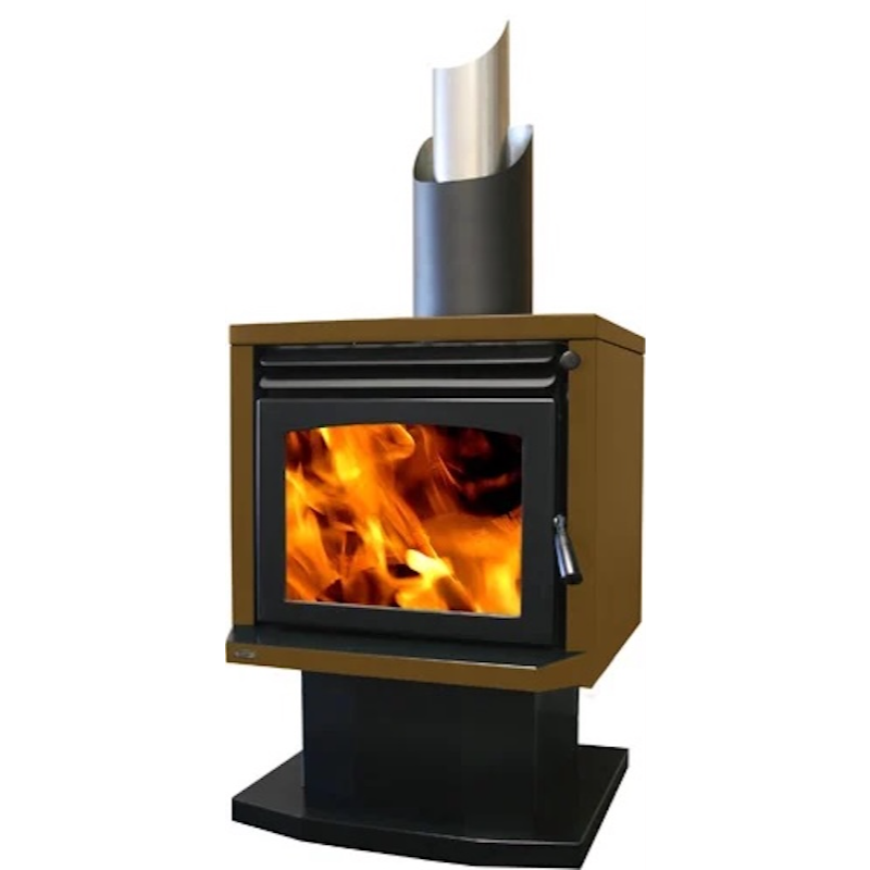 Ethos Genesis NZ-made wood fire in bronze brown finish featuring patented EconAir flue technology and large viewing window.
