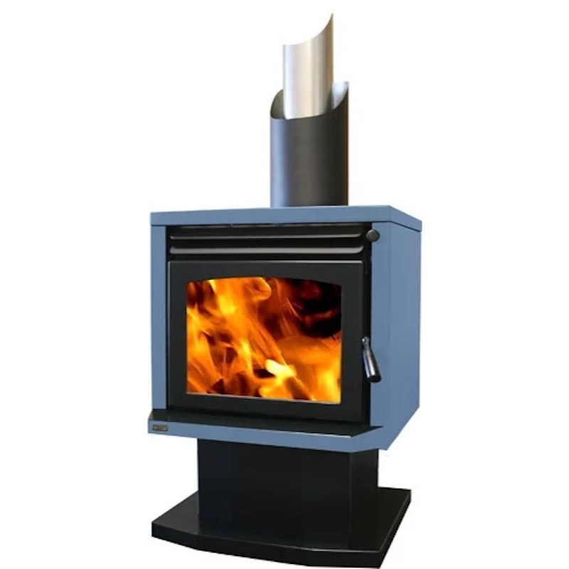 Ethos Genesis wood fire in sky blue finish with large flame viewing window and patented dual-air EconAir flue system.