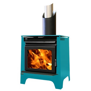 Ethos Phoenix freestanding wood fire in Aqua finish with large viewing window and EconAir flue system