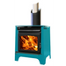 Ethos Phoenix freestanding wood fire in Aqua finish with large viewing window and EconAir flue system
