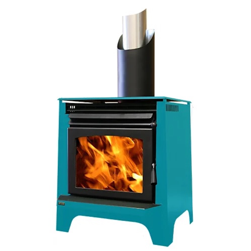 Ethos Phoenix freestanding wood fire in Aqua finish with large viewing window and EconAir flue system
