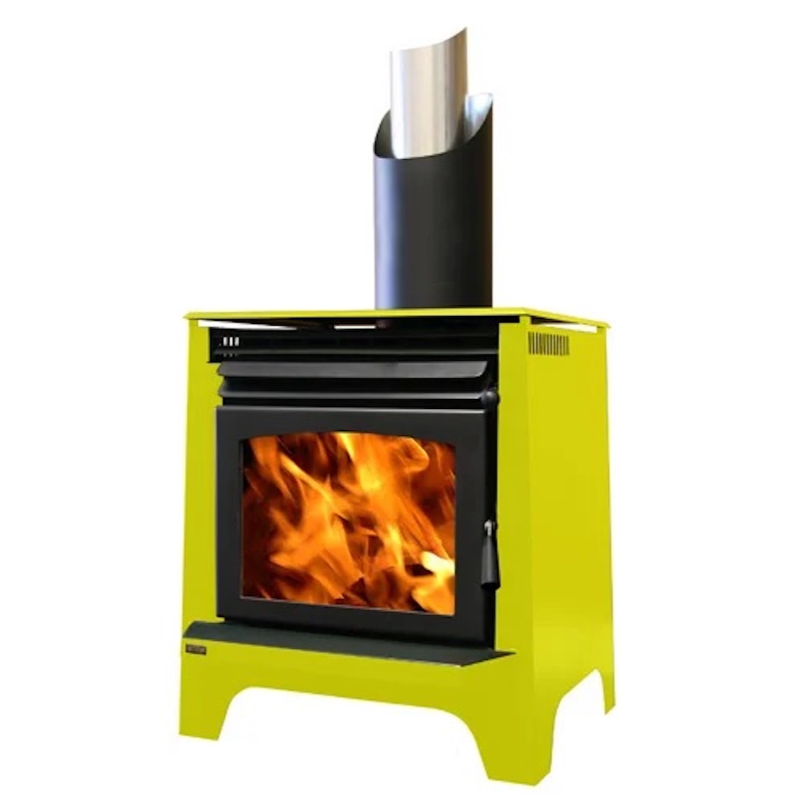 Ethos Phoenix freestanding wood fire in Bright Yellow finish showcasing custom colour options