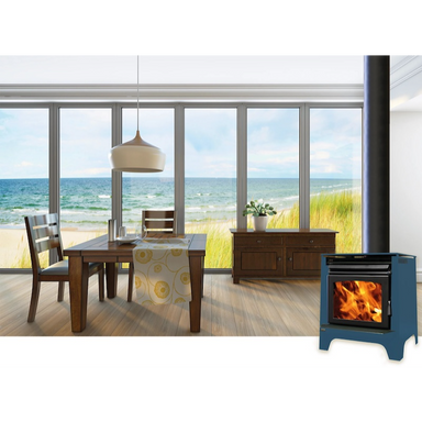 Ethos Phoenix wood fire heating a modern coastal home with large windows and open-plan living area