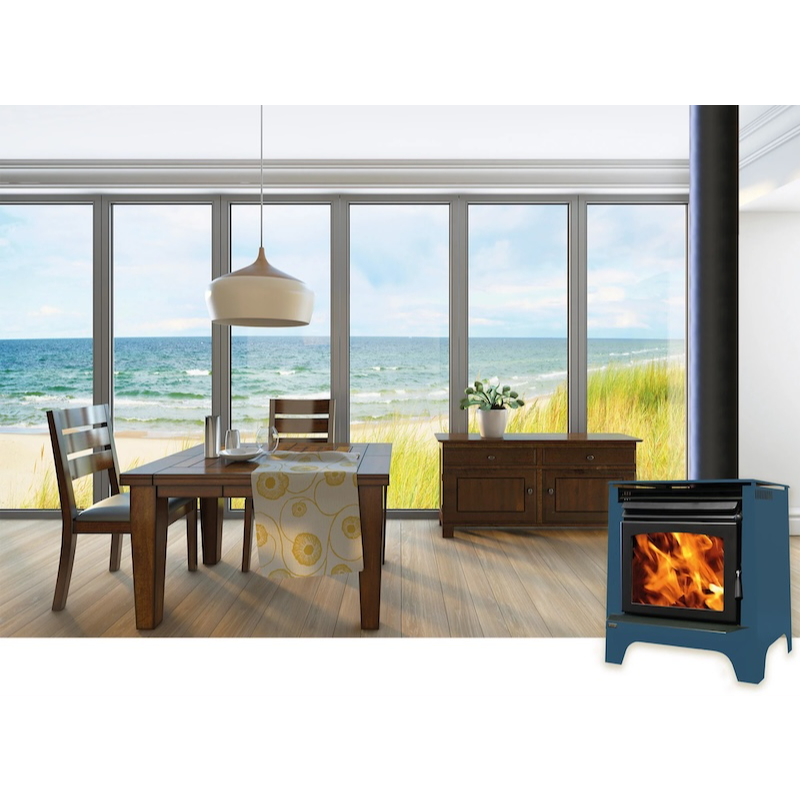 Ethos Phoenix wood fire heating a modern coastal home with large windows and open-plan living area