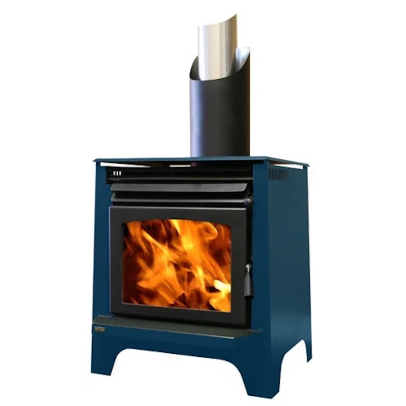 Ethos Phoenix freestanding wood fire in Dark Blue finish designed for modern New Zealand homes