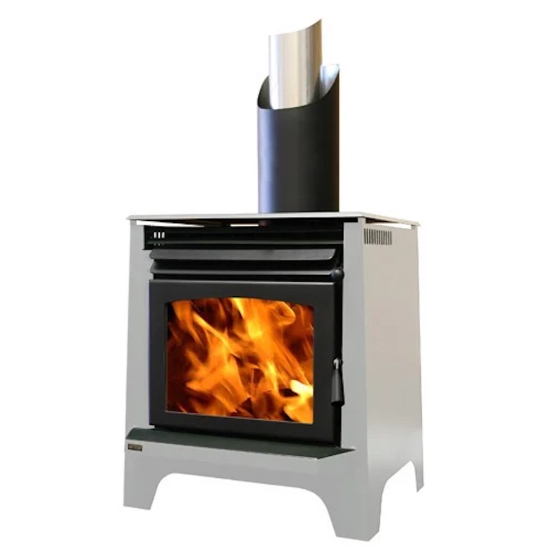 Ethos Phoenix freestanding wood fire in Off White finish with contemporary styling and large viewing window