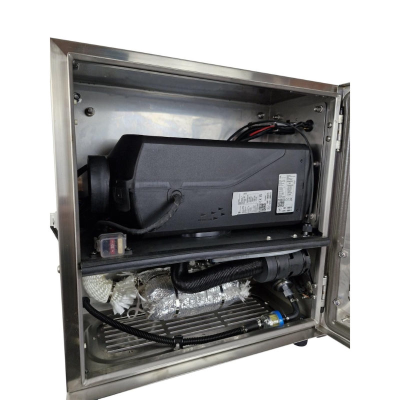 Heatport H4S diesel heater mounted inside enclosed cabinet installation with fuel system and insulated ducting.
