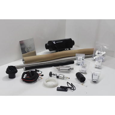Heatport H4S 4kW diesel heater full installation kit showing heater unit, exhaust, fuel pump, controller, ducting and accessories.