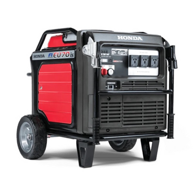 Honda EU70is inverter generator angled front view showing wheels handles and compact portable design