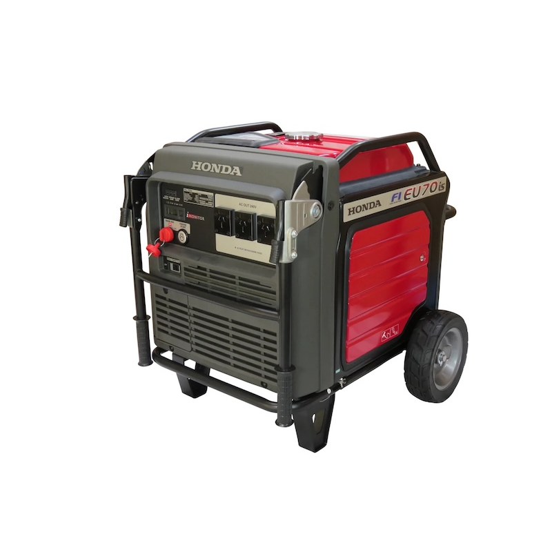 Honda EU70is inverter generator front control panel with 15 amp outlets and i monitor display