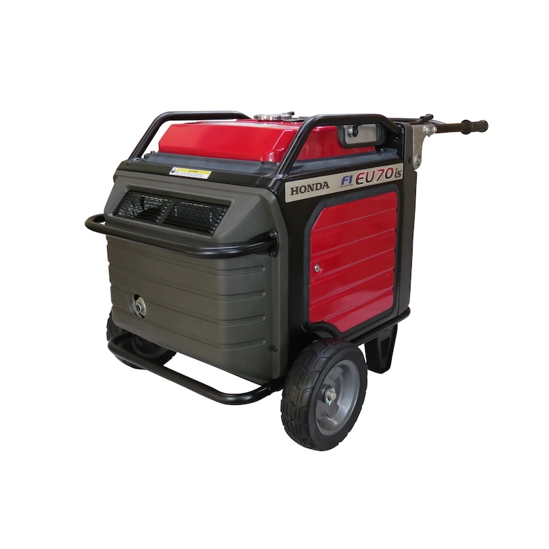 Honda EU70is inverter generator rear view showing exhaust system and durable housing design