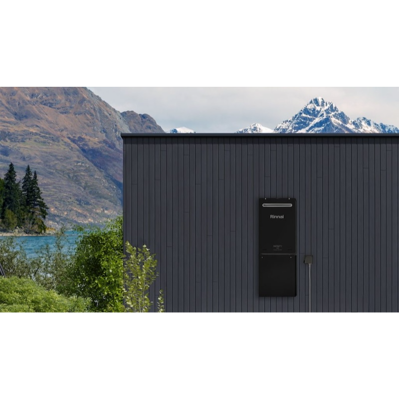 Graphite finish Rinnai Infinity A26 external gas hot water system on house exterior