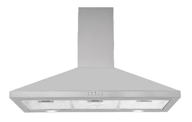 Angled view of Parmco RC9S1000 900mm stainless steel canopy rangehood showing chimney, aluminium grease filters and controls