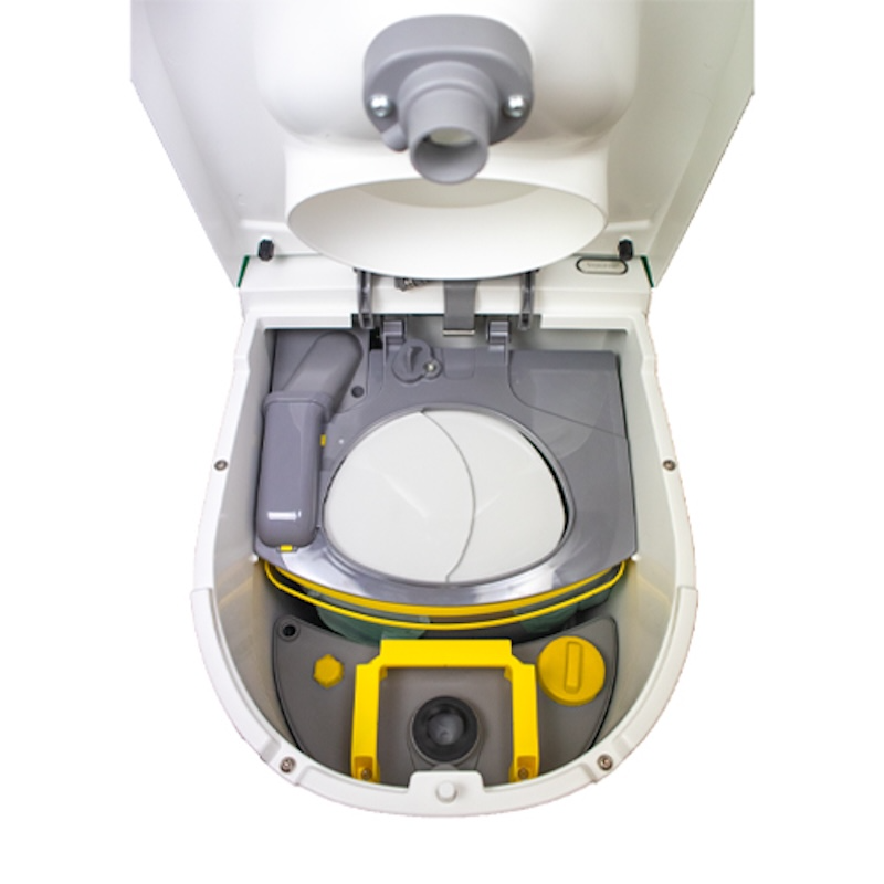 Separett Tiny internal view showing urine separation system and waste container